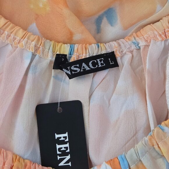 NWT Orange Yellow Watercolor Floral Print Tie-Waist Puff Sleeve Maxi Dress Large - Picture 5 of 6